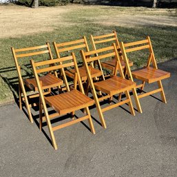 Set Of 6 Mid-Century Slatted Wood Folding Chairs - Made In Yugoslavia