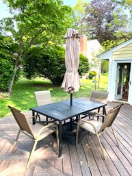 Black Metal Outdoor Patio Table With Umbrella, Stand And Chairs