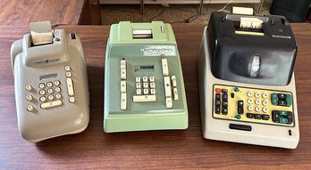 Set Of 3 Vintage Adding Machines - Remington, Burrows, Olivetti - Great Display Pieces