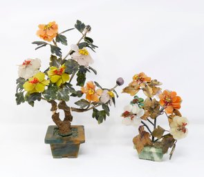 Pair Of Vintage Chinese Stone Flower Arrangements - Jade, Agate, Etc