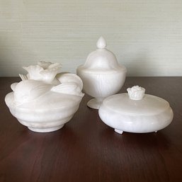 Lot Of 3 Vintage Alabaster Vanity / Trinket Bowls With Lids