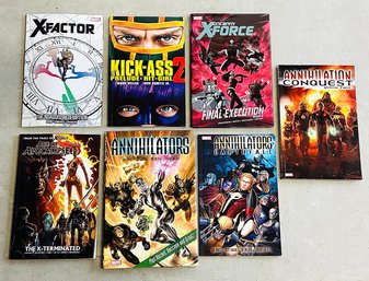 Lot Of 7 Marvel Comics Hardcover & Paperback Novels / Comic Books - X-Force, Kick Ass, Annihilators, X-Factor