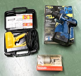 Tool / Accessory Lot (3) - Arrow Electric Stapler, GTV Cordless Drill, Versamatic Drill Speed Reducer