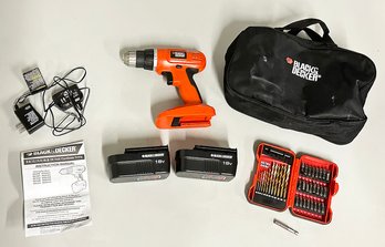 Black & Decker 18V Cordless Drill - With Case, Bits, And 2 Batteries