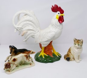 Ceramic Sculpture Lot - Rooster, Dogs, Cat