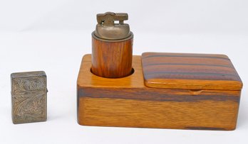 Vintage Etched Metal Lighter And Wooden Lighter / Cigarette Box Combo