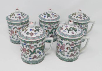 Set Of 5 Vintage China Jingdezhen Porcelain Covered Mugs
