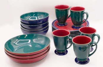 19 Piece Set Of Denby England Harlequin Dinnerware (Red, Green & Blue Speckled Stoneware)
