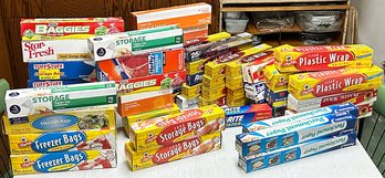 Over 50 New And Sealed Rolls / Boxes Of Aluminum Foil, Plastic Wrap, Parchment Paper, And Food Bags