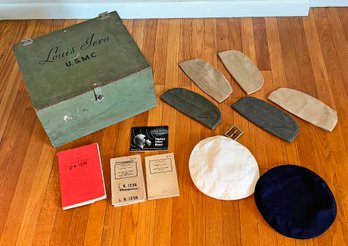 WWII US Marine Corps Soldier Painted Footlocker - With Handbook, Field Manuals, Garrison Caps, And More