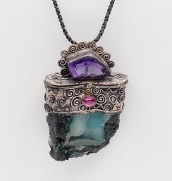 Sterling Silver, Amethyst, And Geode Pendant Necklace - With Storage Compartment
