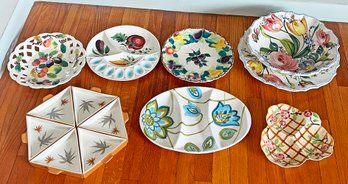 8 Vintage Ceramic Serving Plates / Bowls - Hand Painted - Made In Italy