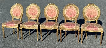 Set Of 5 French Provincial Gold Gilded Louis XVI Carved Side Chairs