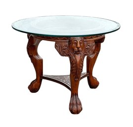 Lion Carved Mahogany Round Center Table With Glass Top