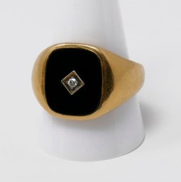 Vintage Black Onyx & Diamond Men's Ring In 14K Gold - Size 11.5