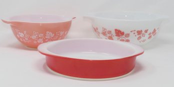 3 Different Vintage Pyrex Pink / White Glass Serving Bowls & Casserole