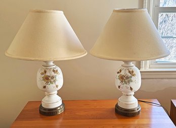 Pair Of Vintage Glass Painted Floral Table Lamps