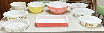 Vintage Glass And Stoneware Serving Bowl / Casserole Lot - Pyrex, TAT, Glasbake, Hall, And Arcopal