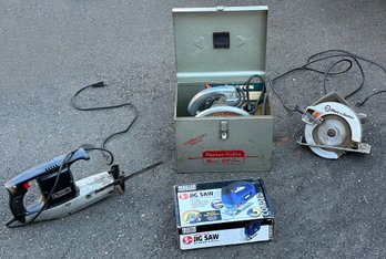 4 Different Electric Saws - Vintage Porter Cable 108 Circular, Sears Recipro, Black & Decker, Etc