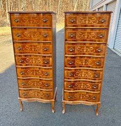 Pair Of Wood Inlay 7-Drawer Tall Dressers Semainiers