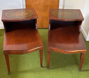 Vintage Pair Of Two Tier Mahogany Side Tables With Leather Top Inserts