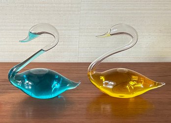 Pair Of Vintage 1970's Blown Glass Swan Barometers