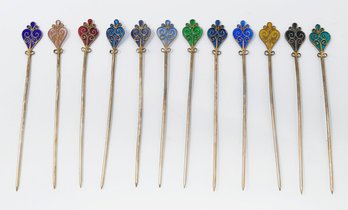 Set Of 12 Edwardian Sterling Silver & Enamel Toothpicks