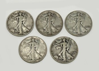 5 Walking Liberty Silver Half Dollars - 90 Percent Silver