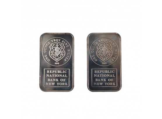 Lot Of 2 - One Troy Ounce Silver Bars - Johnson Matthey Republic National Bank (NY) - 1980'S