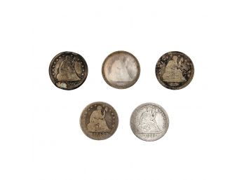 Lot Of 5 - Seated Liberty US Quarters - 1853 (2) & 1876 (3) - 90% Silver
