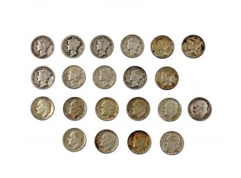 Lot Of 21 Silver US Dimes - 11 Mercury & 10 Roosevelt Dimes - 90% Silver