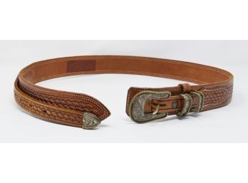 Vogt Silversmiths Hand Tooled Leather Basket Weave Ranger Belt And Sterling Overlay Buckle - Size 32