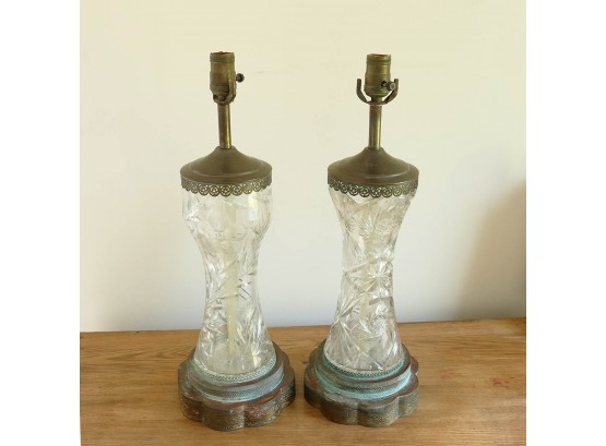 Pair Of 1940's Cut Crystal And Bronze Lamps