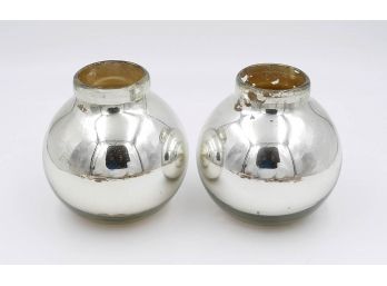 Antique Pair Of Mercury Glass Round Vases