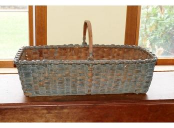 Antique American Wood Splint Handled Basket With Original Blue Paint