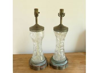 Pair Of 1940's Cut Crystal And Bronze Lamps