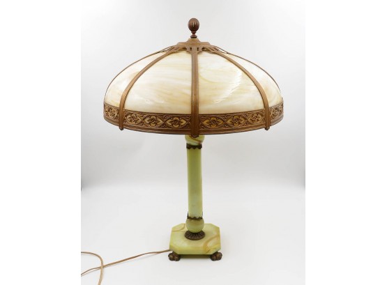 Vintage 1920s Akro Agate And Iron Table Lamp With Slag Glass Paneled Shade