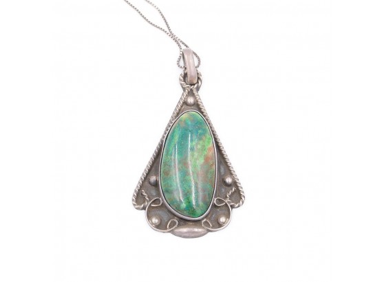 C. 1940 Navajo Sterling Silver And Turquoise Pendant On A Sterling Silver Chain