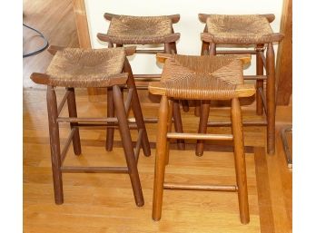 Set Of 4 Vintage Chestnut Bar Stools With Rush Seats
