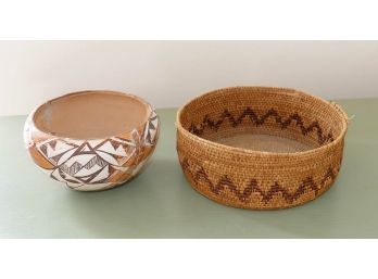 Native American Basket, Pot, And Plaque