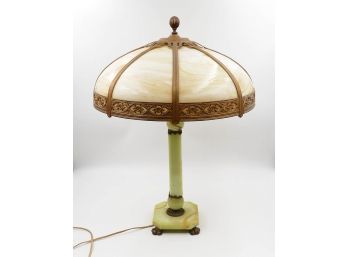 Vintage 1920s Akro Agate And Iron Table Lamp With Slag Glass Paneled Shade
