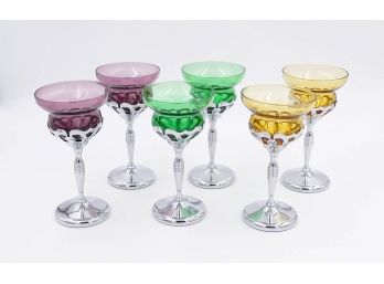 Set Of 6 Art Deco Morgantown Glass Insert Chrome Cocktail Stems