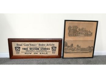 Antique Framed Advertisements - 1920's True Western Illustrated & 19th C. New Canaan / Western CT Newspaper Ad