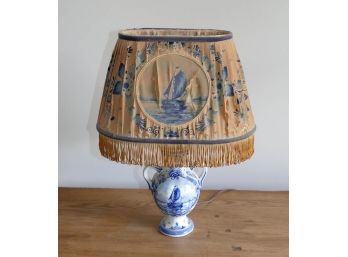 Vintage Blue Delft Pottery Vase Lamp With Original Shade