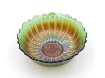 Antique Fenton Glass Green Stippled Rays Bowl