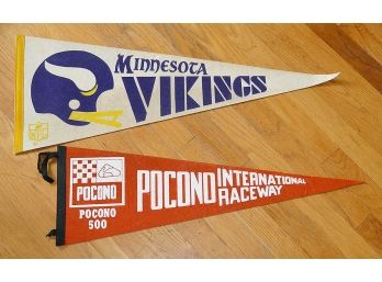 2 Vintage Penants - Minnesota Vikings And Pocono Speedway
