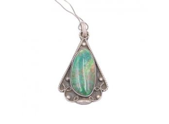 C. 1940 Navajo Sterling Silver And Turquoise Pendant On A Sterling Silver Chain