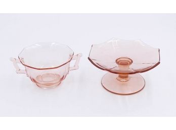 Vintage Cambridge Decagon Pressed Pink Depression Glass Sugar Bowl & Footed Plate