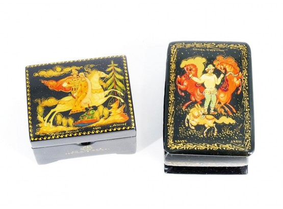 2 Vintage Russian Hand Painted Lacquered Trinket Boxes