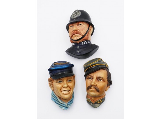 3 Bossons Chalkware Heads - Victorian Bobby, Infantry Officer, And Drummer Boy